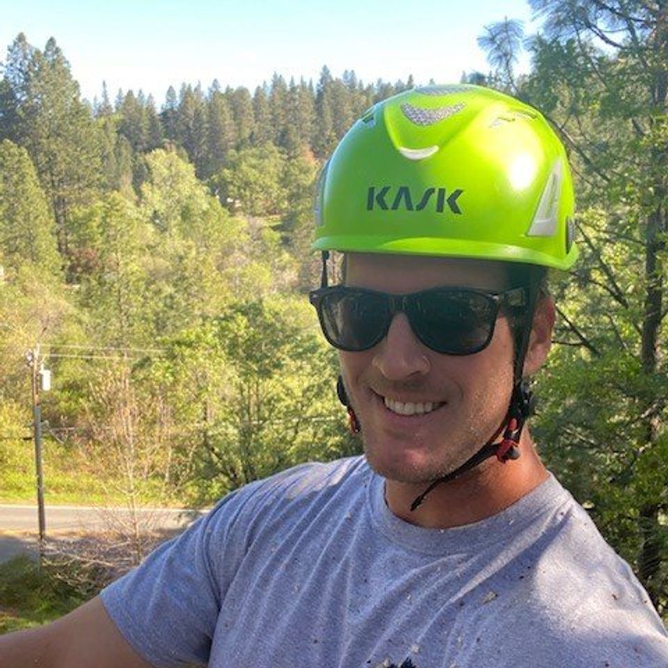 Tree care specialist wearing KASK helmet and arborist shirt outdoors