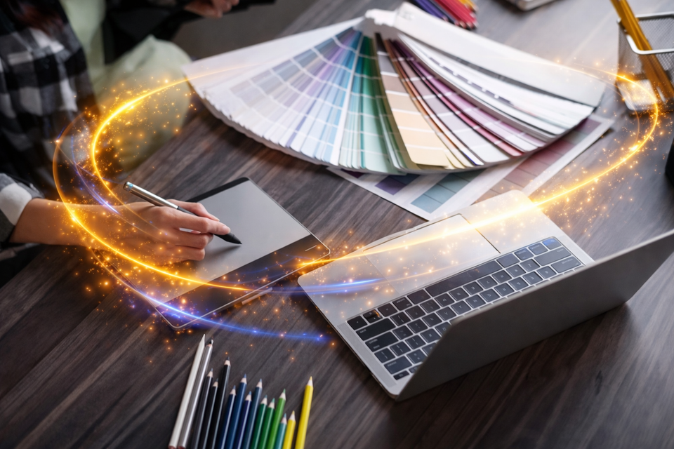 Creative workspace with glowing trails