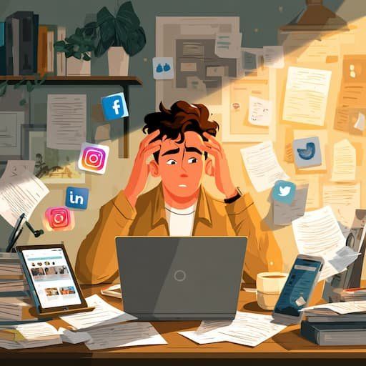 A cartoon guy with social app bubbles around his head with his hands to his head in confusion 
