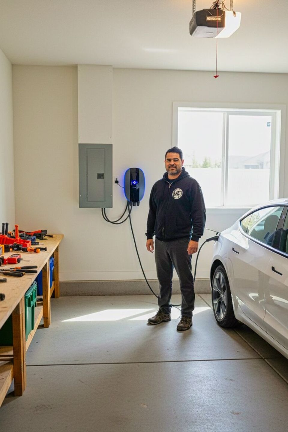Owner Juan Carlos of JC Electrical LLC standing in a garage next to a professional Level 2 EV charging station installation and a white electric vehicle.