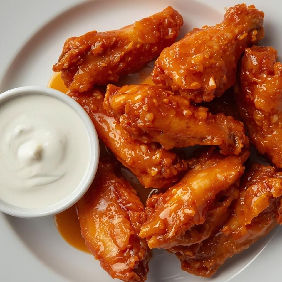 Chicken wings with mild sauce with side of ranch dressing on large white plate on a red and white table cloth