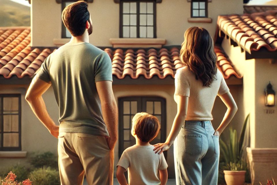 Dall·e 2024 11 04 20.53.53   a realistic image of a family of three standing outside their santa maria style home with their backs to the viewer  casually looking up at their newl
