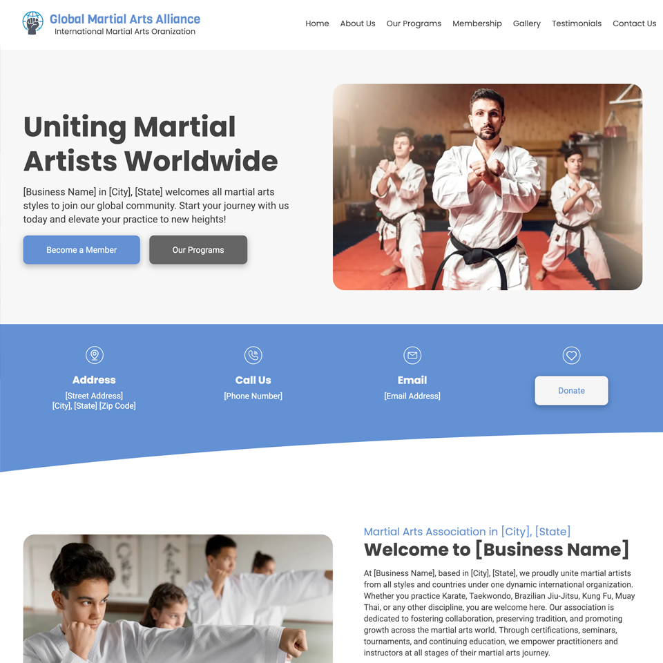 Martial arts association website design theme