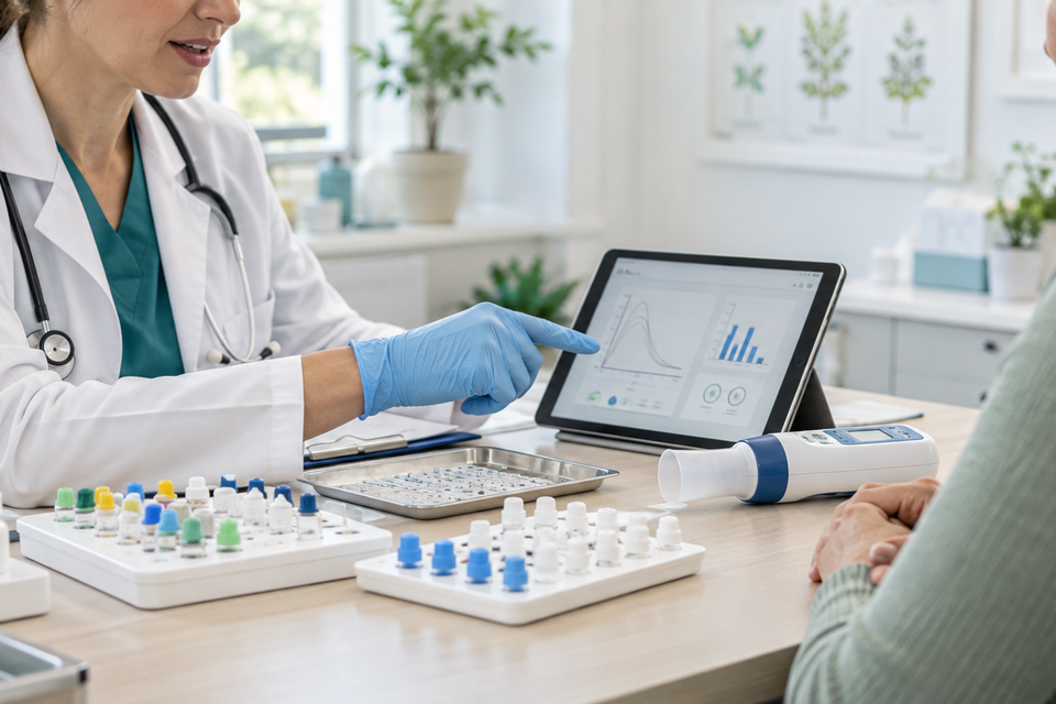 Allergy testing tray and tablet during a skin test consultation