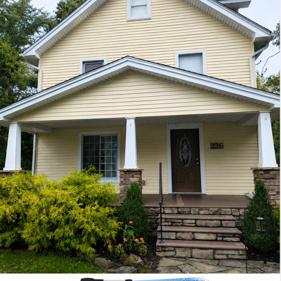 Clean home exterior with light-colored siding, a front porch, stone steps, and landscaped yard.