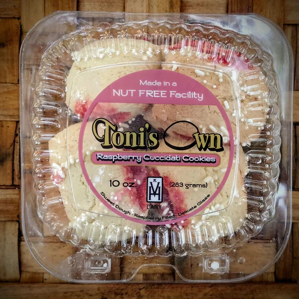 A 10 oz package of the Raspberry Cuccidati cookies from Toni's Own Cookies