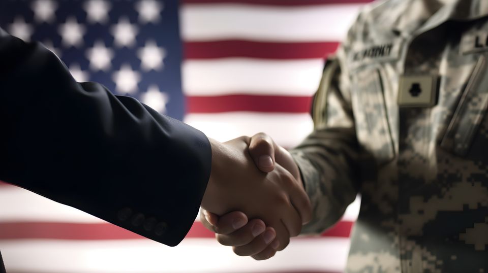 American soldier businessman handshake with blur us flag background