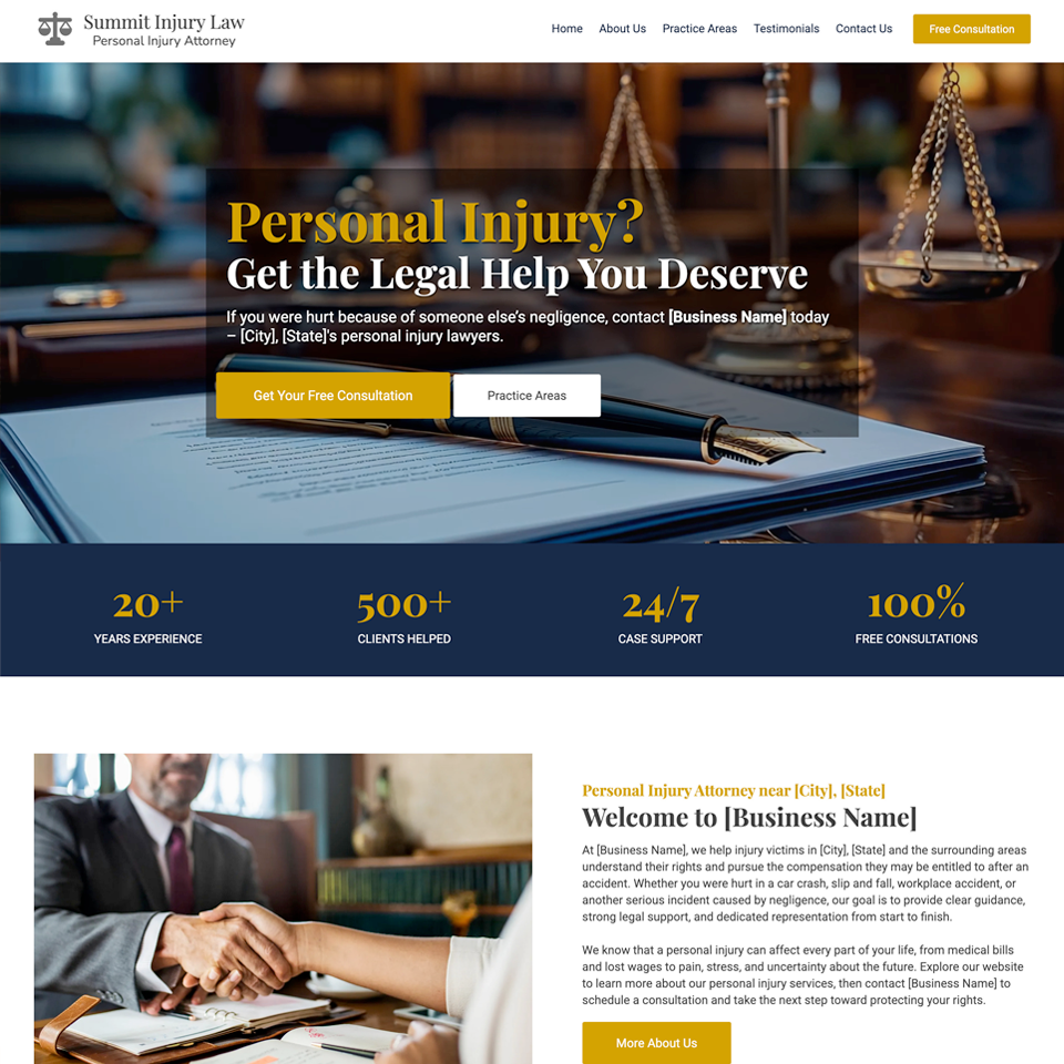 Personal injury attorney law website design theme
