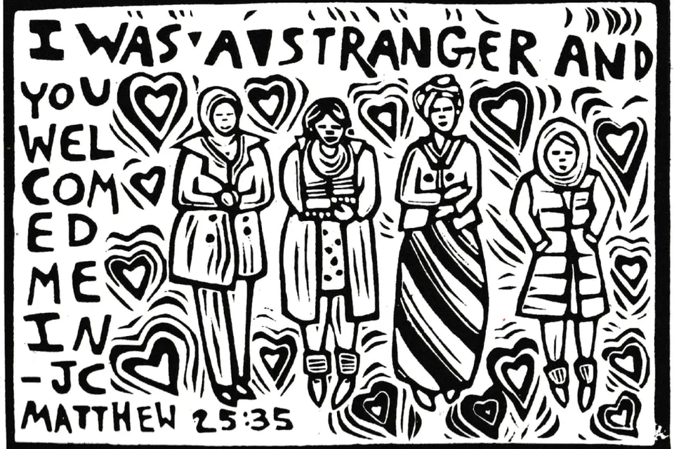 “Black and white illustration of Matthew 25:35 showing figures being welcomed, symbolizing hospitality and compassion.”