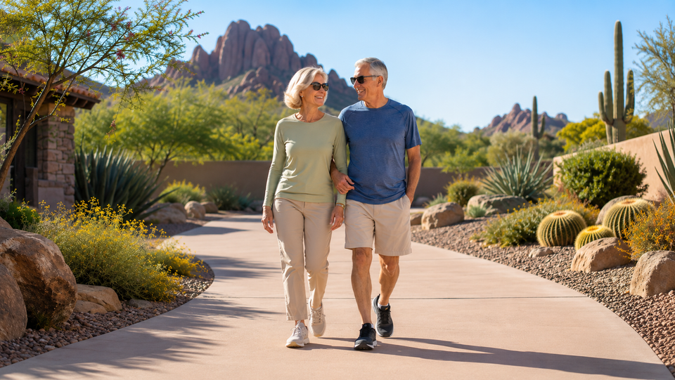 Active senior couple walking together outdoors in Scottsdale, Arizona