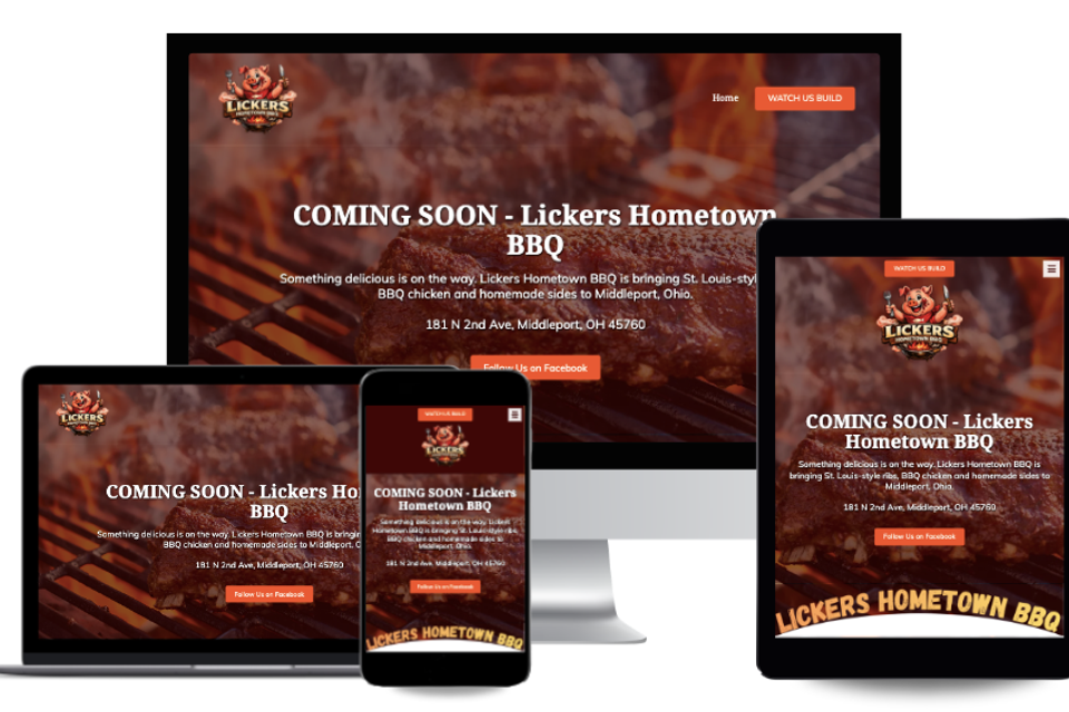 Lickers Hometown BBQ website displayed across desktop, laptop, tablet, and mobile devices.