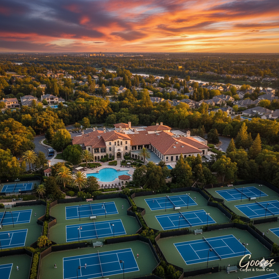 Aerial landmark view of the Gold River Racquet Club and residential community in Rancho Cordova, CA, highlighting the service area for Gooses Carpet & Stone Care.