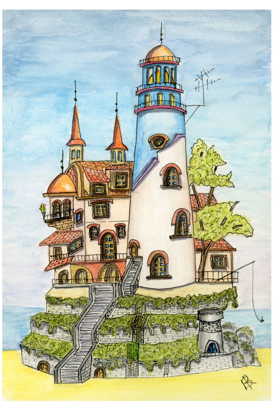 Whimsical house with turrets and a lighthouse tower, perched on a cliff with greenery. Features colorful roofs and arched windows under a sunny sky.