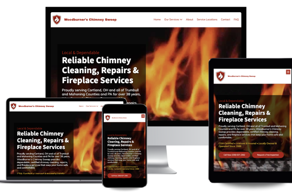 Woodburner’s Chimney Sweep website displayed on desktop, laptop, tablet, and mobile devices, showcasing responsive chimney cleaning, repair, and fireplace service web design.