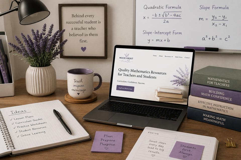 Mathematics educator workspace with curriculum guides, instructional resources, lesson planning materials, and educational tools created to support teachers and students through Much About Math.