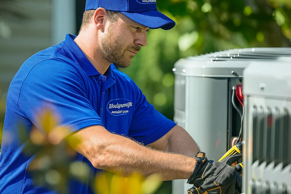 HVAC technician repairing an air conditioning unit in a coastal home, emphasizing expertise and reliability