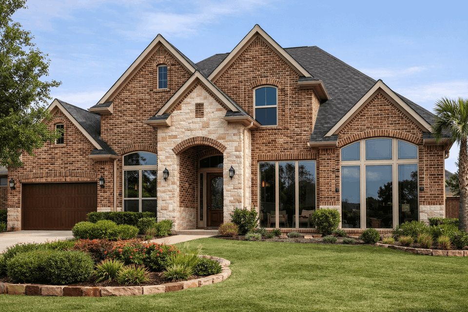 Residential window tint installed on brick home in Sugar Land, TX to improve energy efficiency and curb appeal.