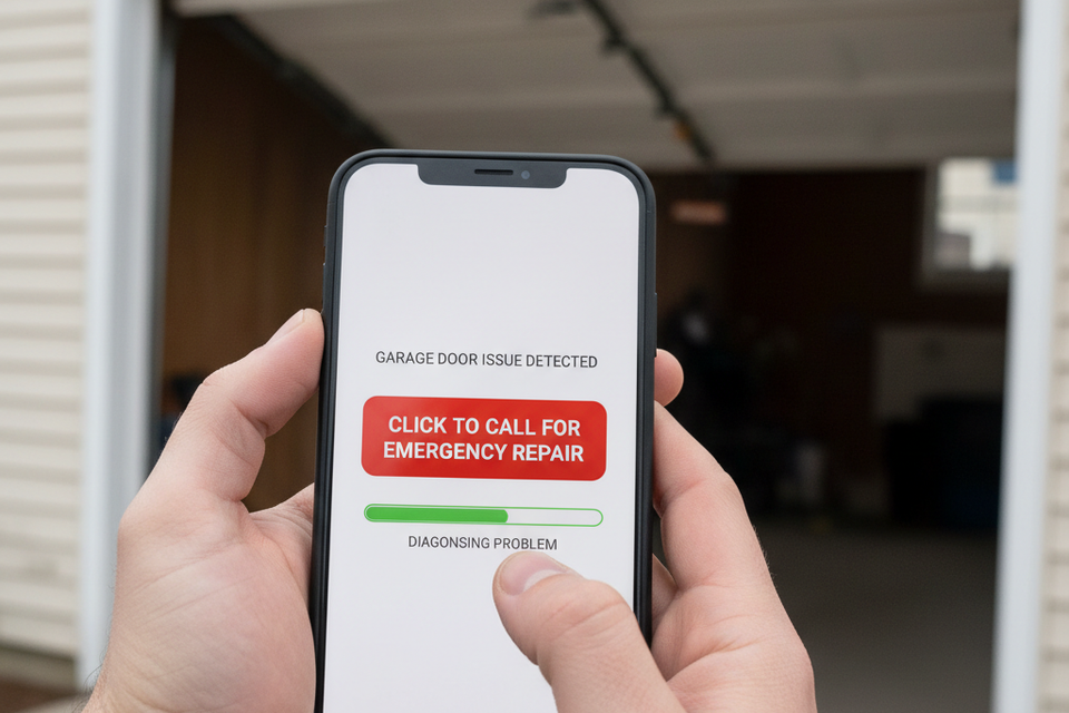 Mobile-friendly website interface featuring a large click-to-call button for emergency garage door repair services