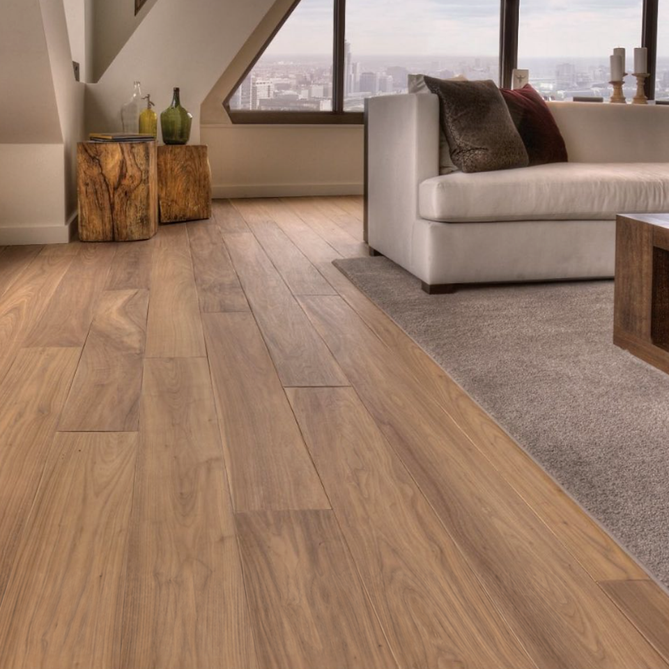 Wide plank hardwood floor living room