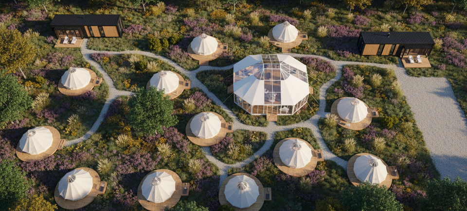Glamping village view wide angle day