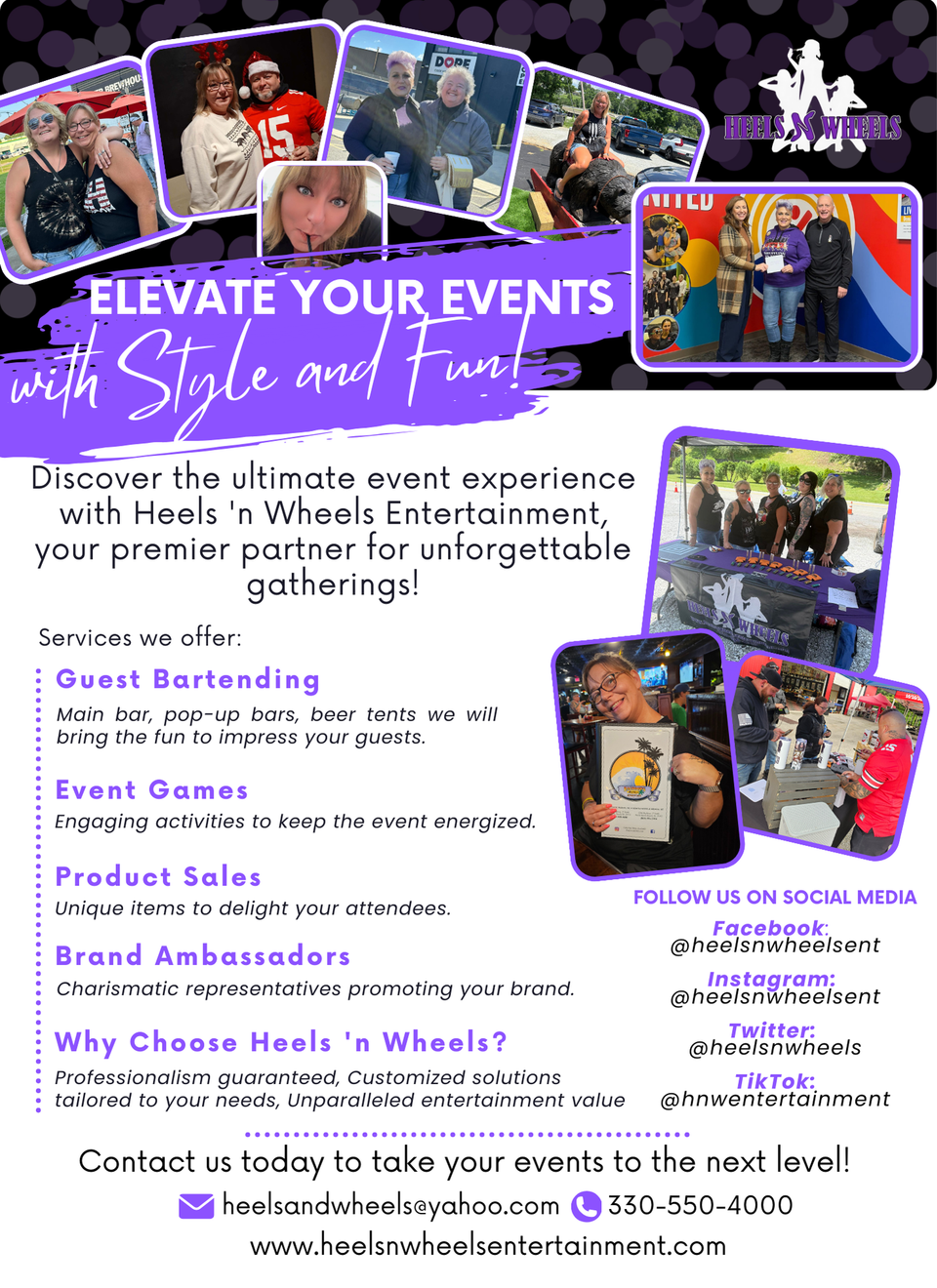Promotional flyer showcasing Heels 'N Wheels Entertainment services, event activities, and community engagement opportunities.