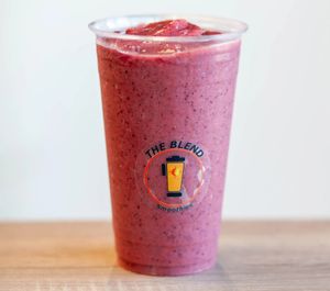 Berry Blend smoothie made with apple juice, strawberries, banana, blueberries, and agave.