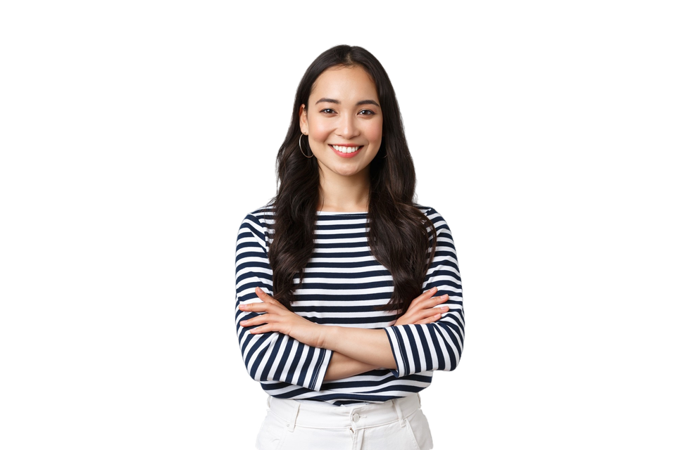 Lifestyle people emotions casual concept confident nice smiling asian woman cross arms chest confident ready help listening coworkers taking part conversation