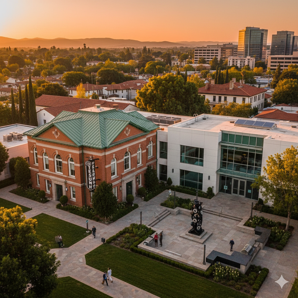 Aerial view of Roseville CA museum campus at sunset with modern and historic buildings