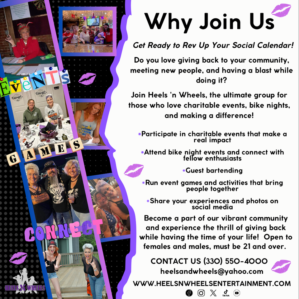 Heels 'N Wheels Entertainment membership flyer highlighting community involvement, event participation, and social activities.