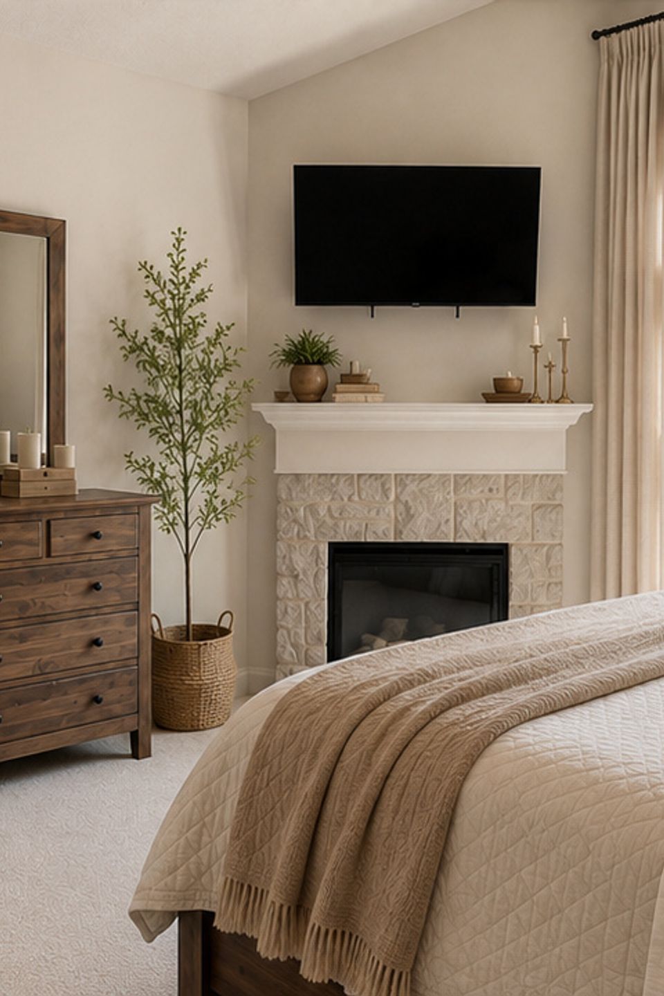 Custom primary bedroom with stone fireplace and large windows in Hudson, Ohio