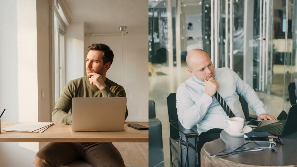 Two professionals reflecting on stress and routine in modern life