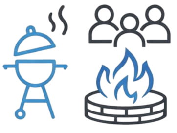 Backyard patio entertaining area with grill and fire pit icon