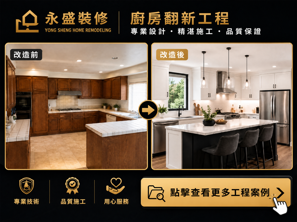 永盛裝修廚房翻新工程改造前後對比，展示老舊廚房翻新成現代化廚房的工程案例