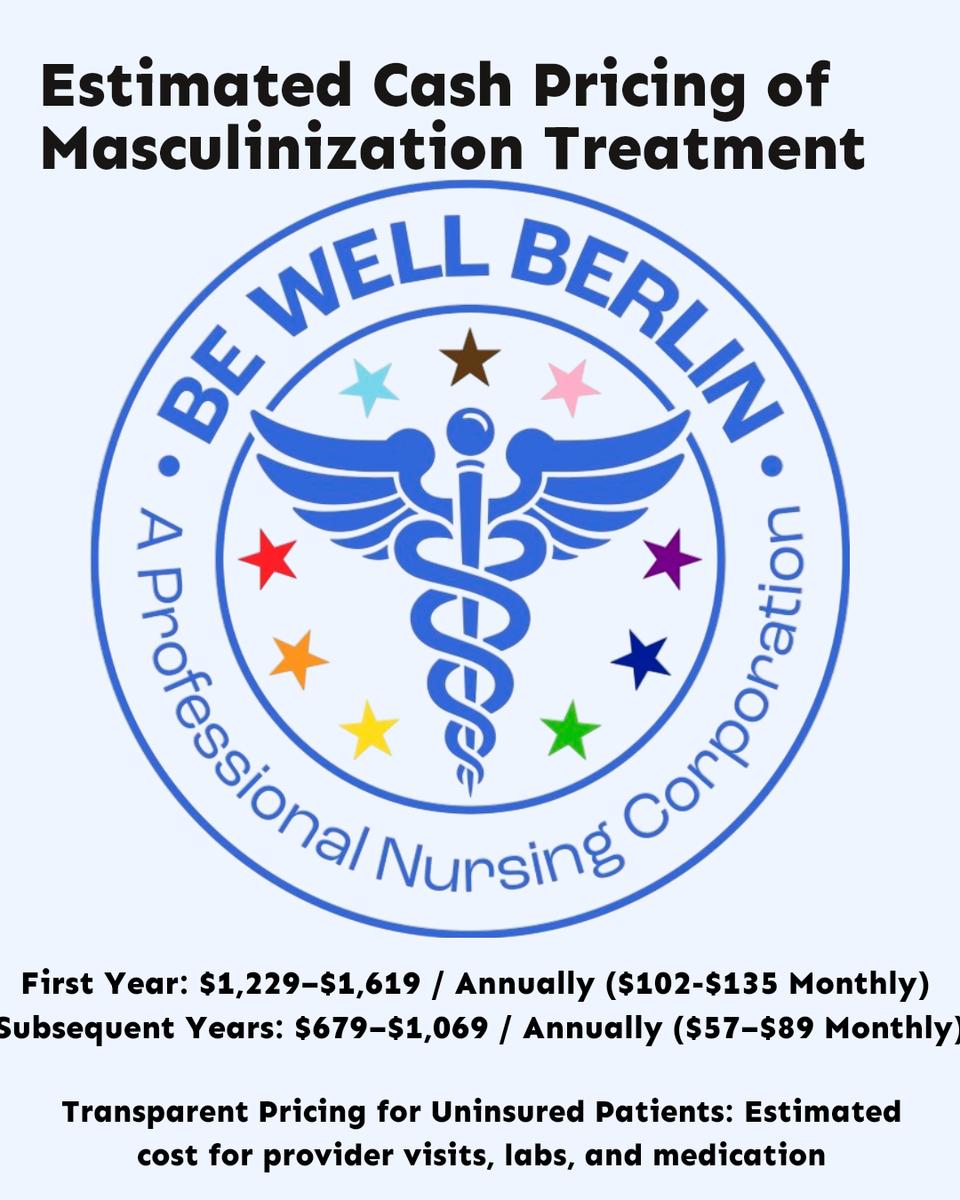 Transparent pricing for masculinizing hormone therapy at be well berlin  showing estimated annual costs for uninsured patients seeking gender affirming care including cost of provider visit labs and medication
