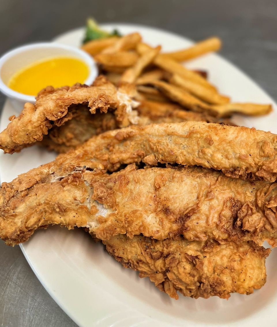 Batter fried trout with fries