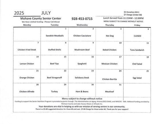 Meal menu havasu senior center