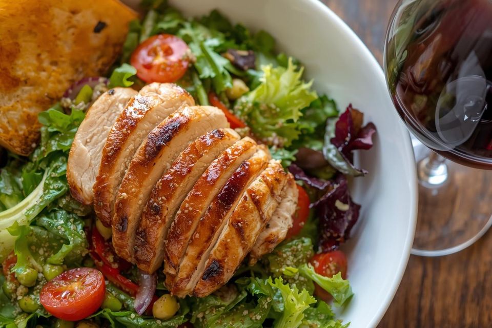 Large house salad with grilled chicken on top with garlic toast. in a white bowl. and a glass of wine.