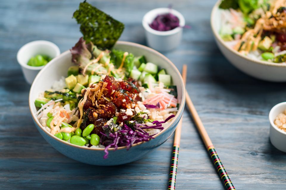 Ahi tuna poke bowl meal horizontal view.
