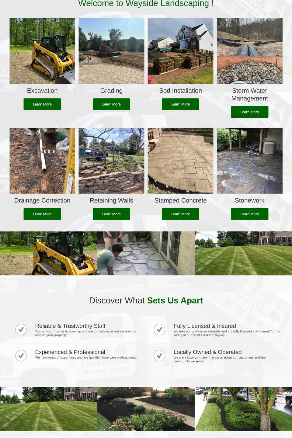 Wayside Landscaping website in Westminster Maryland showing landscaping and hardscaping services including excavation, grading, retaining walls, and stonework.