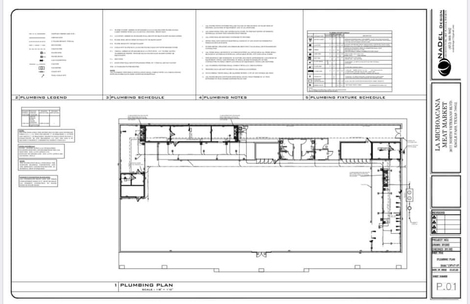 Plumbing plan for La Michoacana Meat Market project by Nadel Design – Layout of water supply, drainage, and gas piping systems.