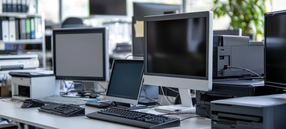 Various office computer devices including monitors keyboards printers