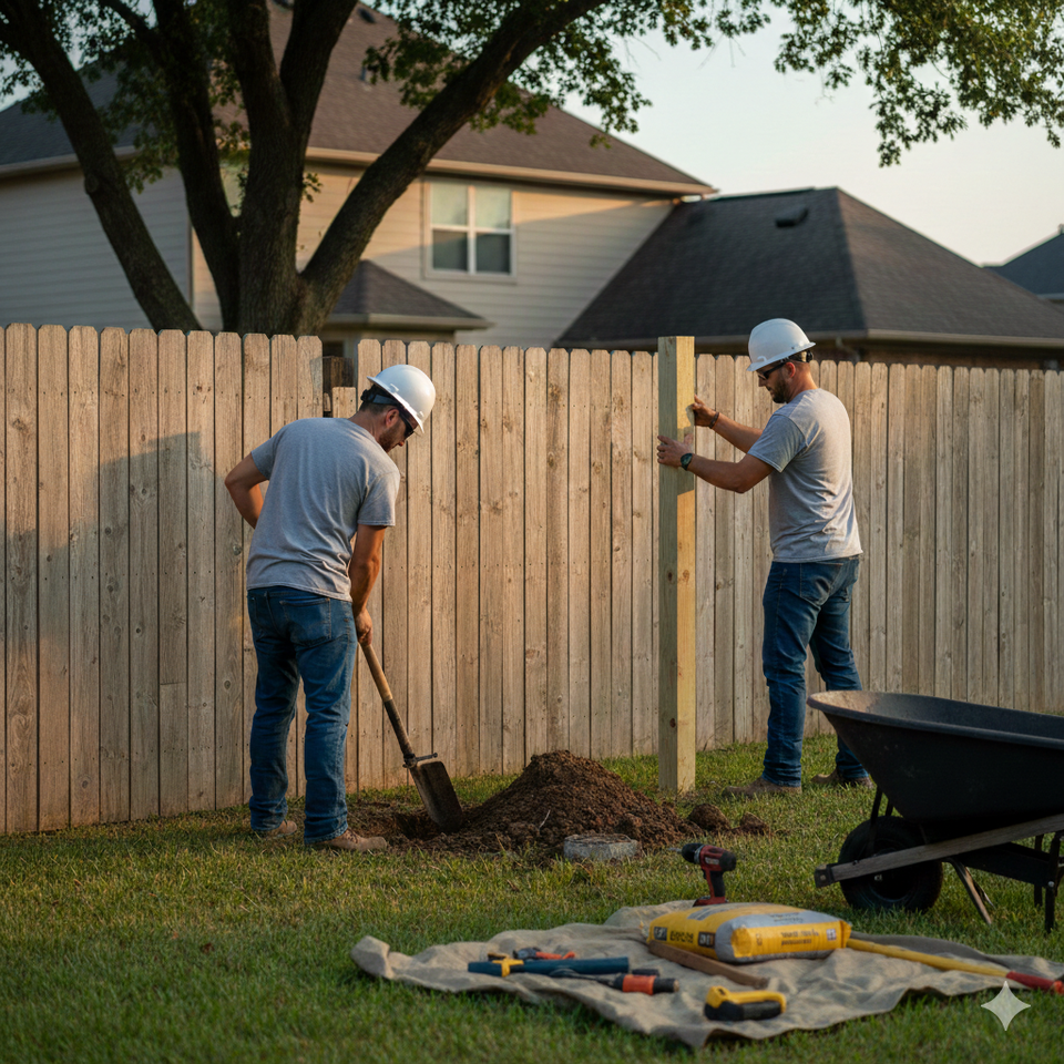Two Legacy Fence technicians installing a wooden fence in a residential yard, using tools and concrete mix near suburban homes