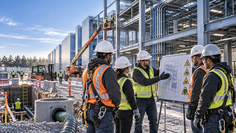 Data center construction workers participating in onsite safety training during facility buildout