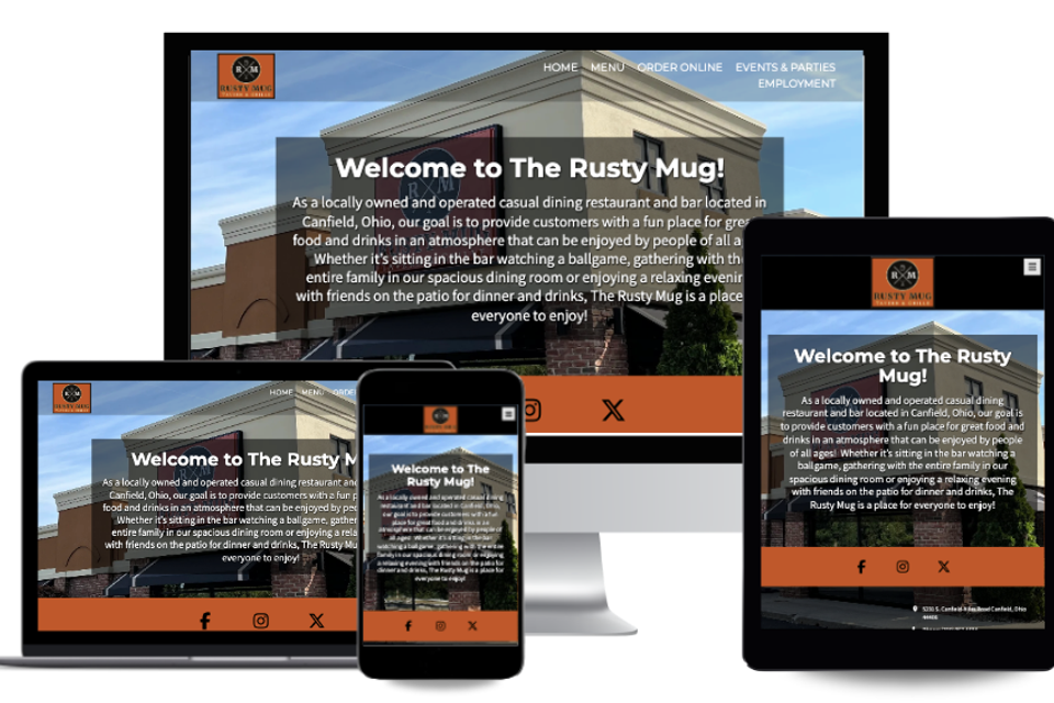 Responsive website for The Rusty Mug displayed on a desktop computer, laptop, tablet, and smartphone, designed by EzSites4U Web Design.