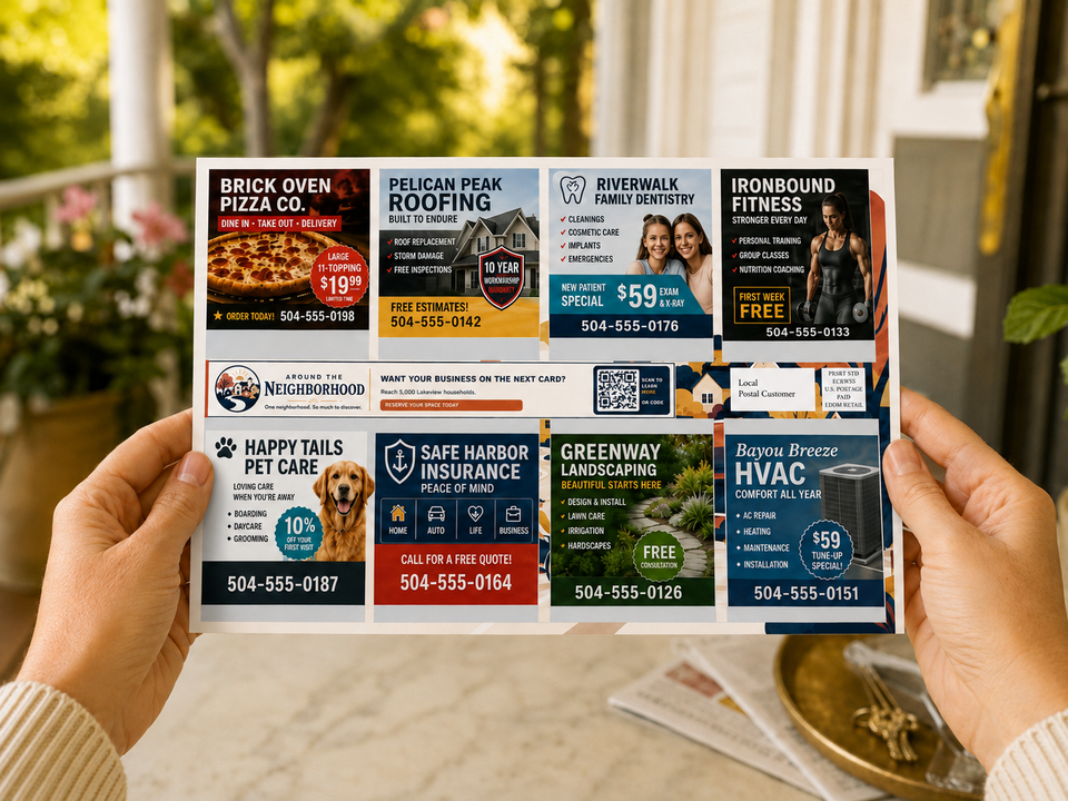 Homeowner holding a neighborhood mailer