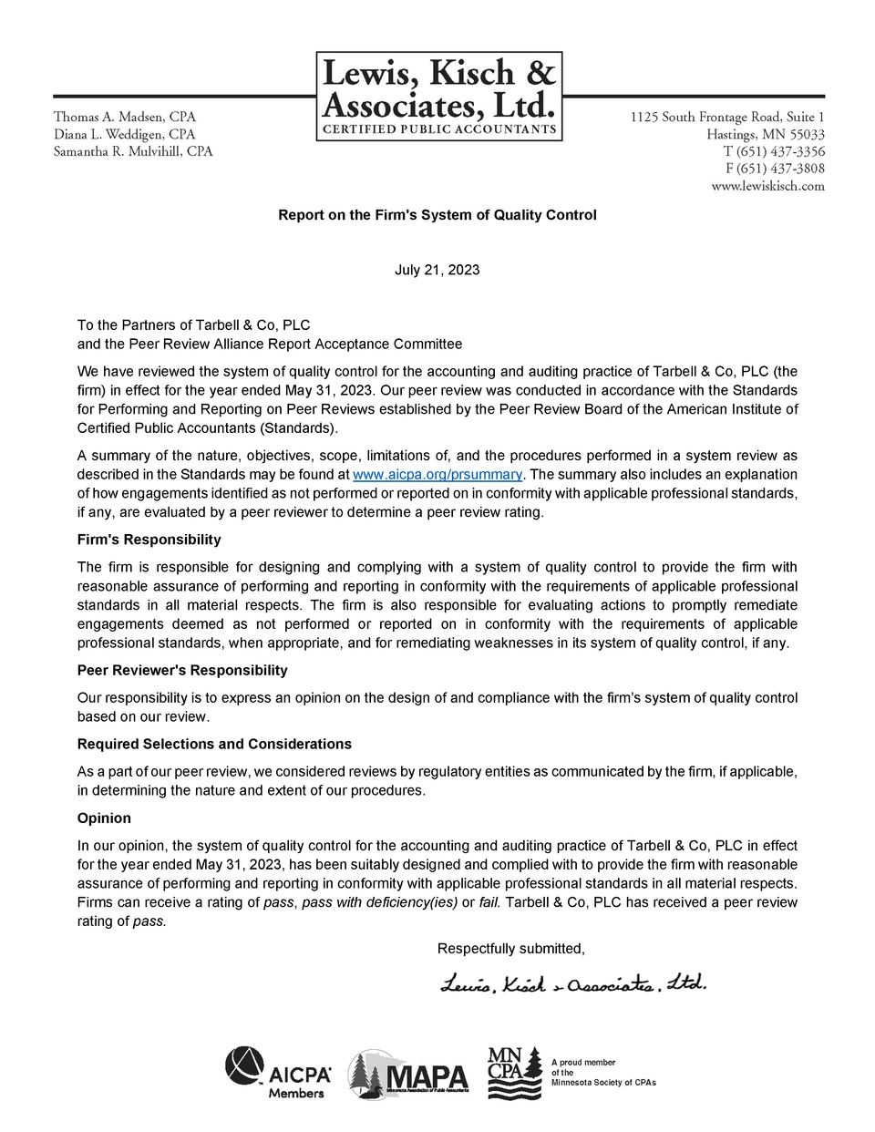 Tarbell   co  plc peer review report   7 21 2023