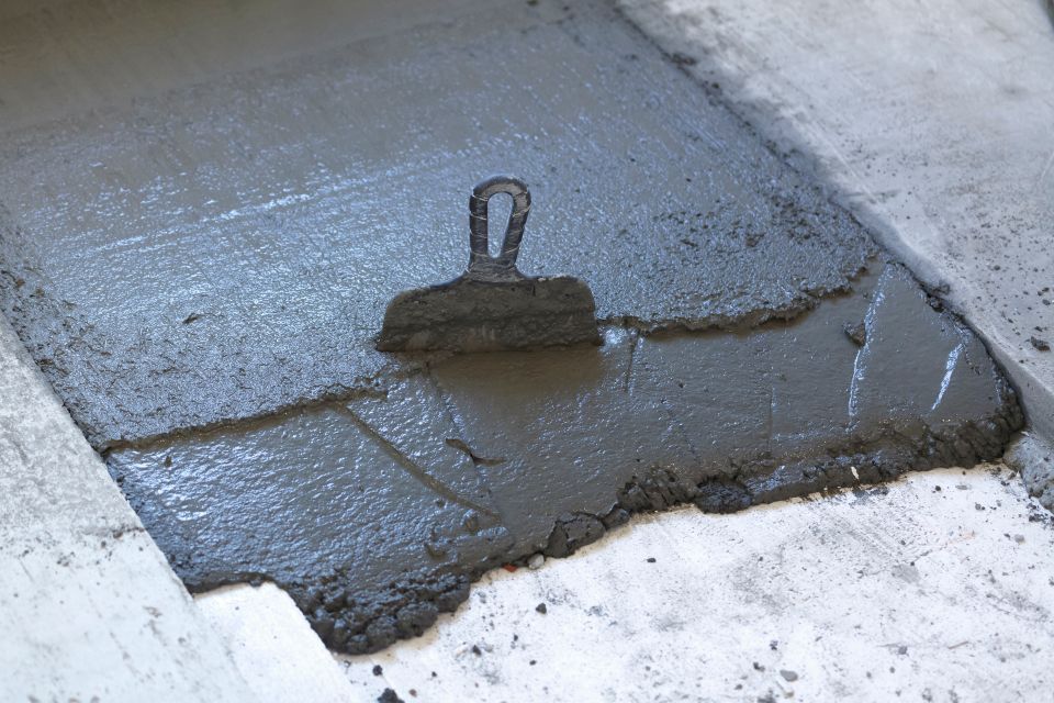 Medium trowel in a layer of fresh concrete on the floor