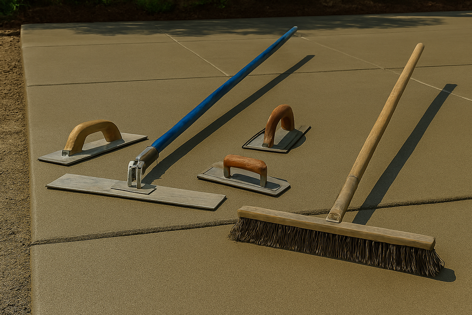 Concrete patio installation tools including bull float, hand float, edger, and finishing broom arranged on freshly poured surface