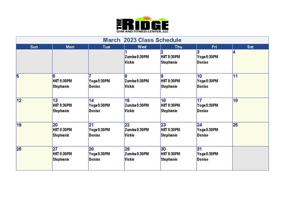March 2023 class schedule