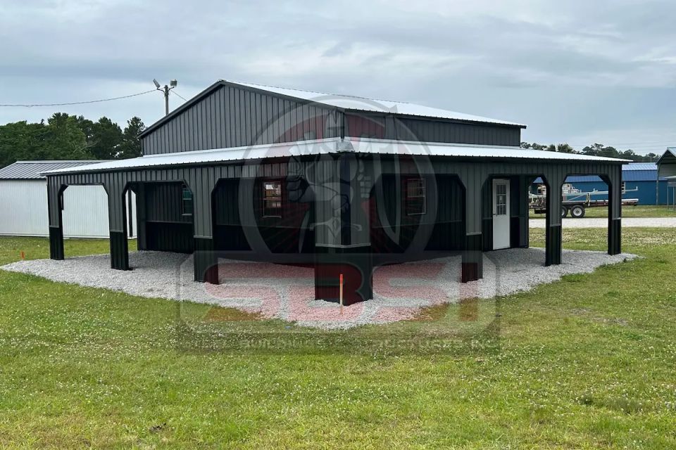 Black steel barn with wraparound porch bays and metal roof with SBSI watermark representing steel barns in Alabama